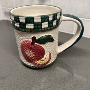 Country Style Mugs~ Orchard Fruit~Green Checkered Trim Coffee Mugs~12oz
